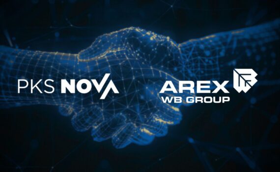 logo firm PKS Nova i AREX na tle grafiki z uściskiem dłoni